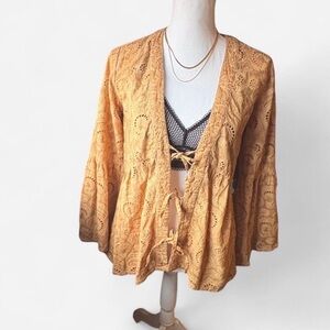 Logo by Lavish Mustard Embroidered Eyelet Tie Front Top XS Boho Cottagecore